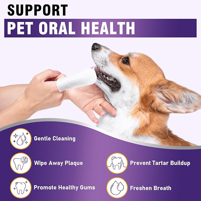 Teeth Cleaning Wipes for Dogs & Cats, Dental Care Finger Wipes, Remove Plaque, Tartar & Bad Breath, Disposable Gentle Cleaning & Gum Care Pet Wipes, No-Rinse Dog Finger Toothbrush, 50 Counts