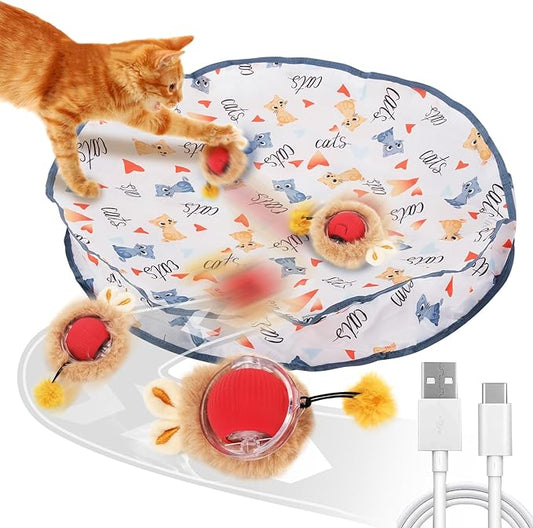 2 in 1 Simulated Hunting Interactive Cat Toy,Self Rolling Ball in Pouch Rechargeable Hide and Seek Toys for Indoor Cats,Red Fast Rolling Ball in Mat,Cat Chasing Mouse Game