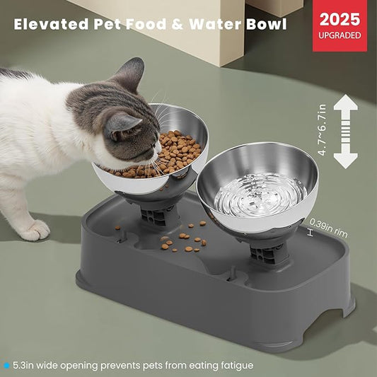 Elevated Cat Bowls, 4 Height Adjustable Cat Food Bowl Stainless Steel, Raised Dog Cats Bowls Elevated Pet Food and Water Bowl, Non-Slip Tilted Pet Feeder Anti Spill for All Cats Puppies