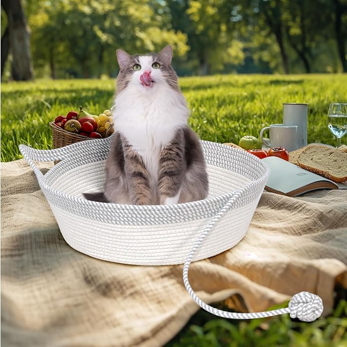 Hand Woven Cat Bed Basket With Toy Tail, Cotton Rope Foldable Sleeping Basket, Kitten Shaped House for Cats, Puppies, Rabbits and Small Pets (Medium, Gray & White)