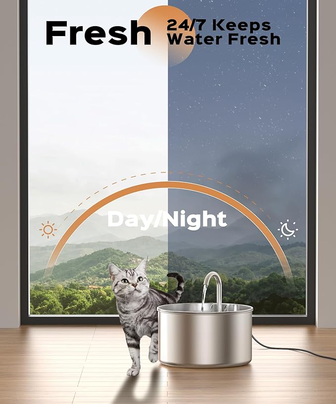 Cat Water Fountain Stainless Steel + 8 filters + 8 Sponges - Pet Water Fountains Faucet Metal Automatic Cat/Dog Waterer Bowls Pets Watering Running Bottle Water Dispenser for Drinking Ultra Quiet Pump