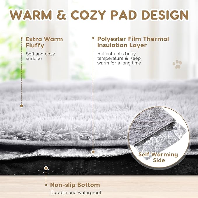 4 Pack Self Warming Cat Bed Pad Self Heating Dog Mat with Fluffy Faux Fur Plush Cat Calming Bed Thermal Mat Washable Pet Pad Anti Slip Bottom for Outdoor Indoor Pets(Grey,18" X 24")