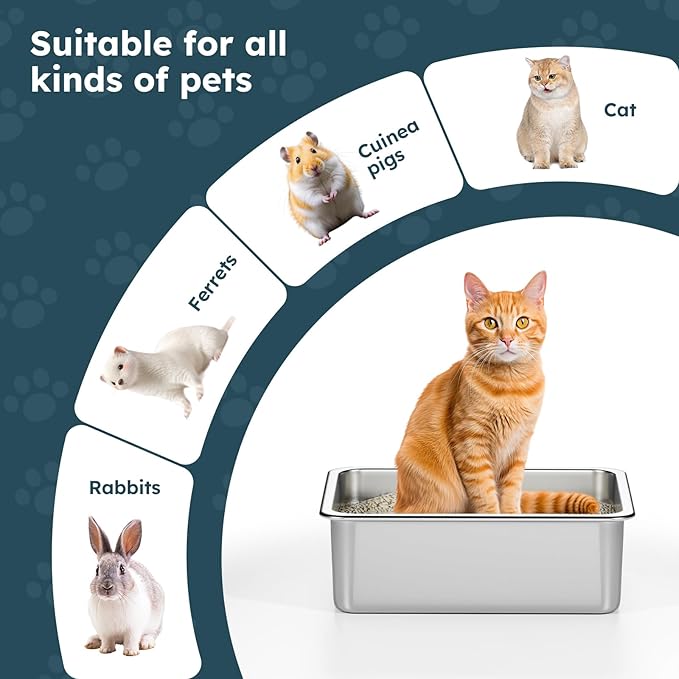 2 Pack Stainless Steel Cat Litter Box - Metal High-Sided Litter Pan for Cats, Rabbits, and Pets, Non-Stick, Odor-Free, Easy to Clean, Splash-Proof, Sturdy and Durable Indoor Cat Toilet Supplies