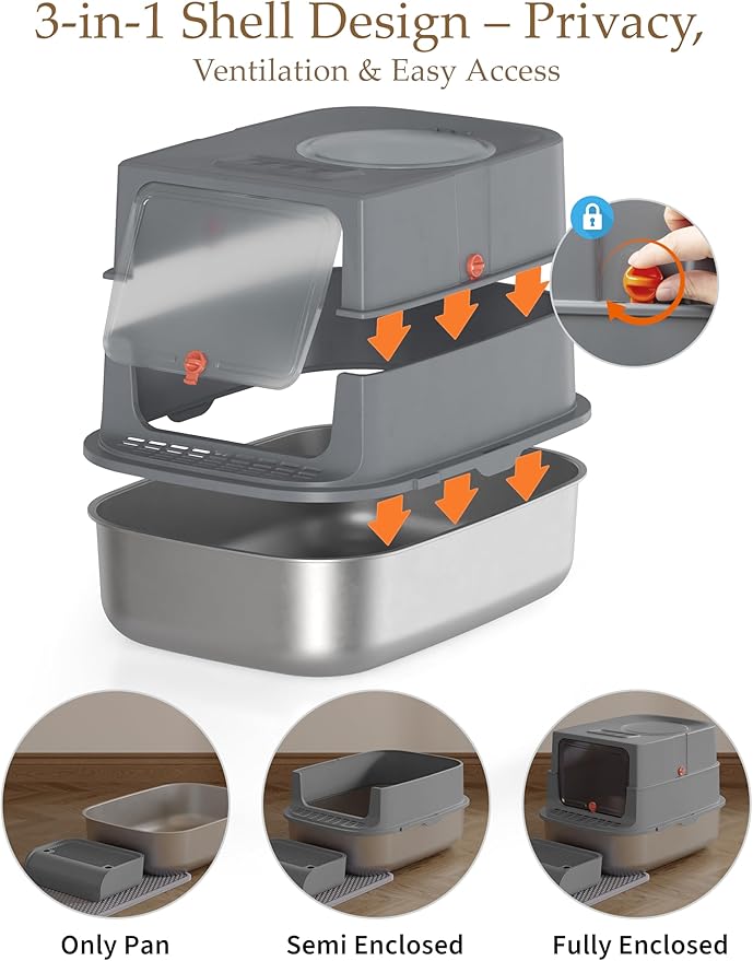 XXL Stainless Steel Covered Cat Litter Box with Lid – Extra Large Enclosed Metal Litter Box for Big Cats, Leak-Proof, Odor Control, Top Exit, Scoop, Pedal & Non-Slip Mat, Easy to Clean