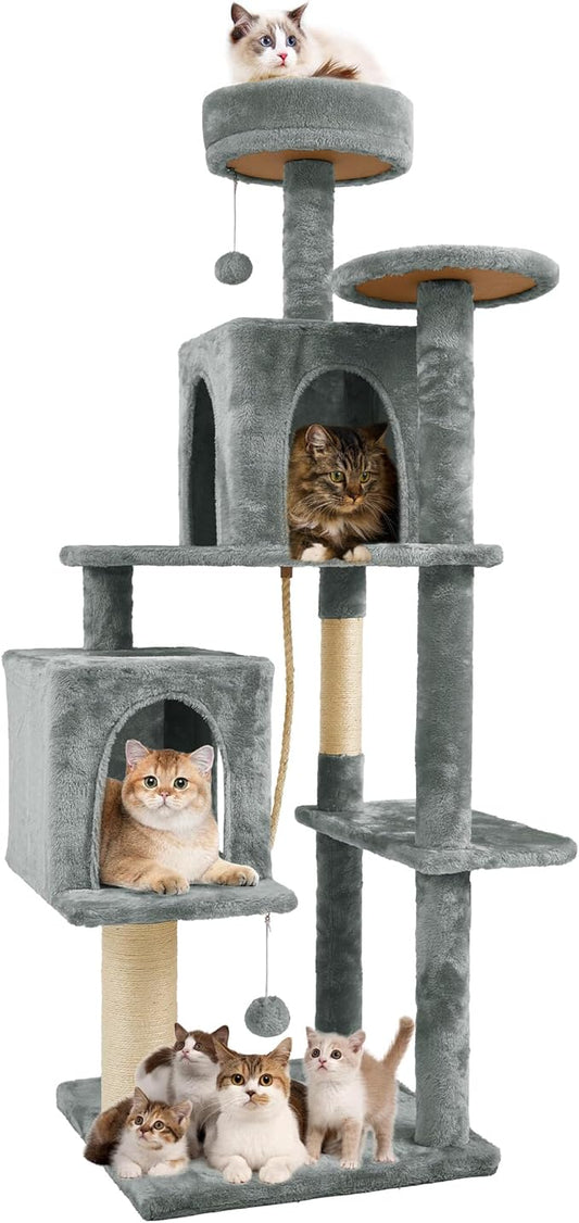 58.5inch Large Cat Tree Tower Condo for Indoor Cats, Soft Plush Multi-Level Climbing Tree Cat House, Scratching Post, More Entrance/Exit, Sisal Rope, Grey