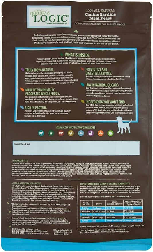 Nature's Logic Dry Dog Food - 100% Natural - No Synthetics - For All Ages, Sizes, Breeds - Free From Common Allergens, High Protein - Sardine Meal Feast, 4.4lbs
