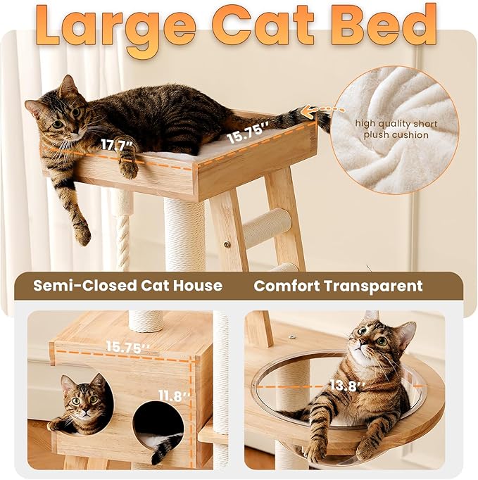 Heavy Duty Cat Trees for Large Cats,Sturdy 74.8'' Tall Maine Coon Cat Tower with Transparent Bowl,Ladder,Luxury Cat Condo with Scratching Posts,Bed with Removable Mat for Multi-Cat Families