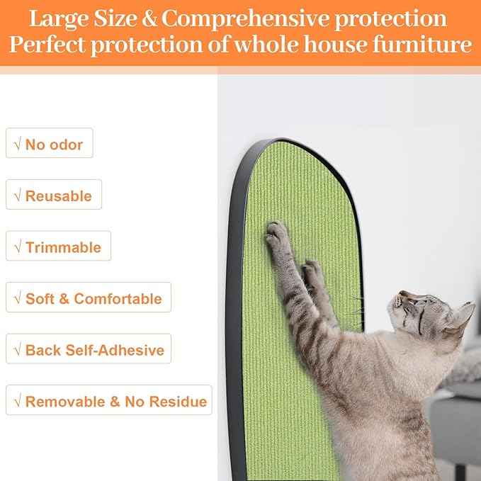 Uranshin Trimmable Cat Scratch Mat pad Self-Adhesive Cat Scratching Post Carpet Covered 78.7"x15.8" Cat Tree Shelves Replacement Parts cat Furniture Protector for Couch Wall (Fruit Green)