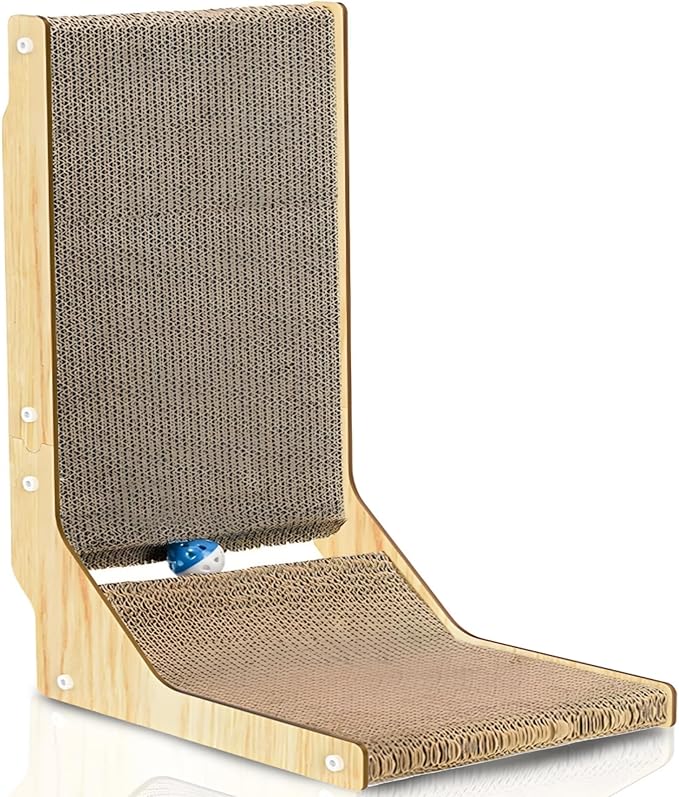 L Shape Cat Scratcher, 26 Inch Cat Scratch Pad, Cat Scratching Board with Built-in Ball Toy, Indoor Cats Cardboard Lounge Bed, Wall Mounted Cat Scratcher for Wall and Furniture Protection