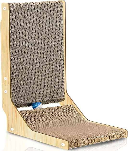 L Shape Cat Scratcher, 26 Inch Cat Scratch Pad, Cat Scratching Board with Built-in Ball Toy, Indoor Cats Cardboard Lounge Bed, Wall Mounted Cat Scratcher for Wall and Furniture Protection