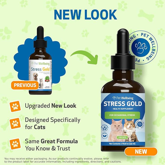 Pet Wellbeing Stress Gold for Cats - Occasional High Stress and Restlessness, Supports Relaxation, Travel, Vet Trips, Skullcap, Valerian - Veterinarian-Formulated Herbal Supplement 2 oz (59 ml)