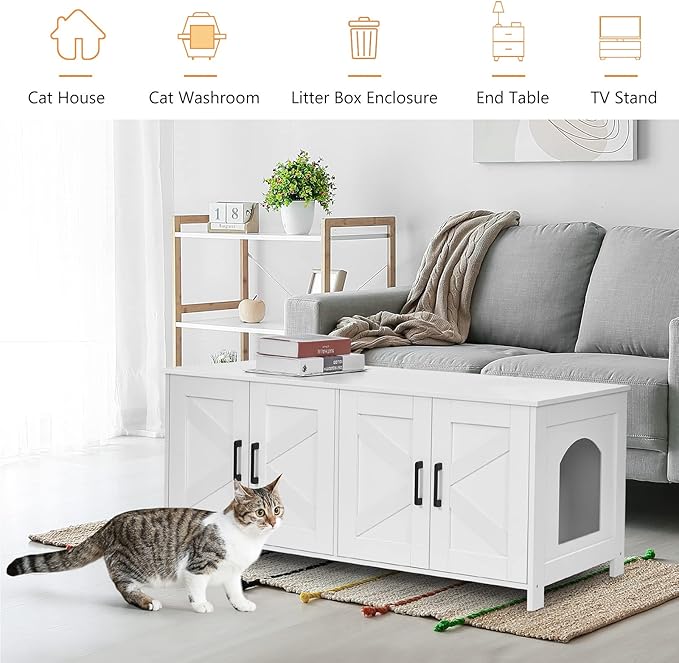 Homhedy Cat Litter Box Enclosure For 2 cats, Litter Box Furniture Hidden with Double Room,Wooden Cat Washroom Furniture,Cat House,47.2”L x 19.7”W x 19.7”H,White