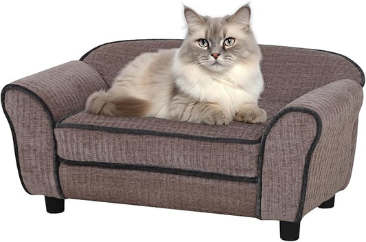 Pet Sofa/Dog Bed with Luxury Striped Fleece Pet Bed Animal Sleeping Bed， Small Dog and Cat Couch Bed (Light Brown)
