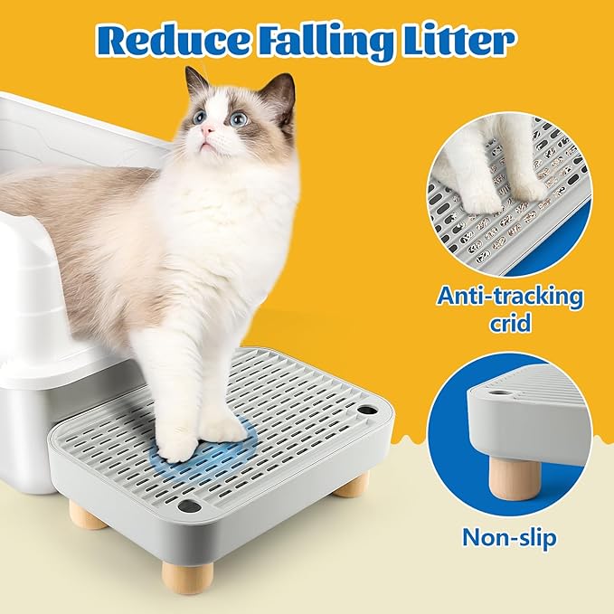 Litter Box Step, Cat Step/Ramp/Catcher with Wooden Base, Filter Function, Easy to Clean, Ideal for Kitten & Elderly Cats (Light Grey)