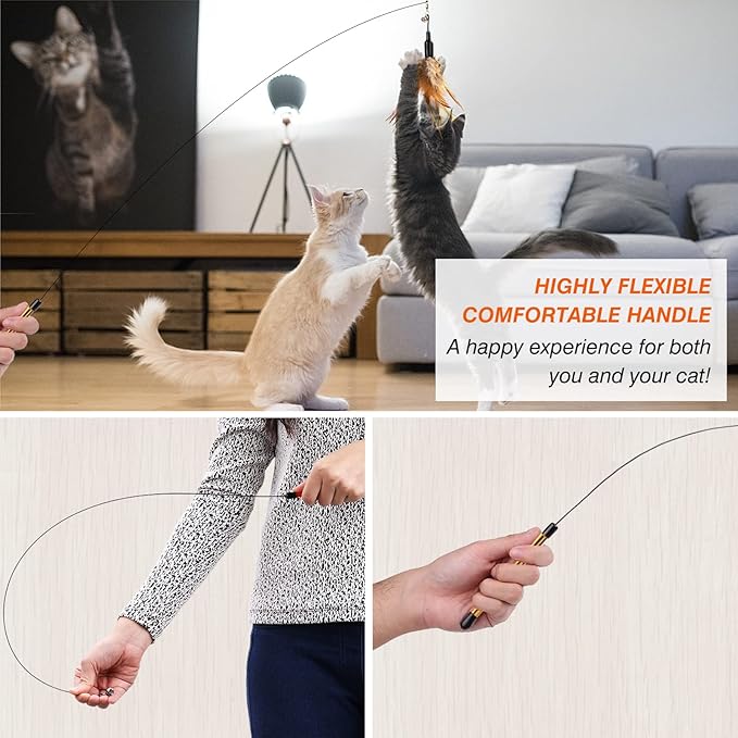 Pawaboo Feather Teaser Cat Toy - Interactive Wand with Extra Long 34.5" Wand and Small Bell, Fun Exerciser Playing Toy for Kittens or Cats, Brown Feather