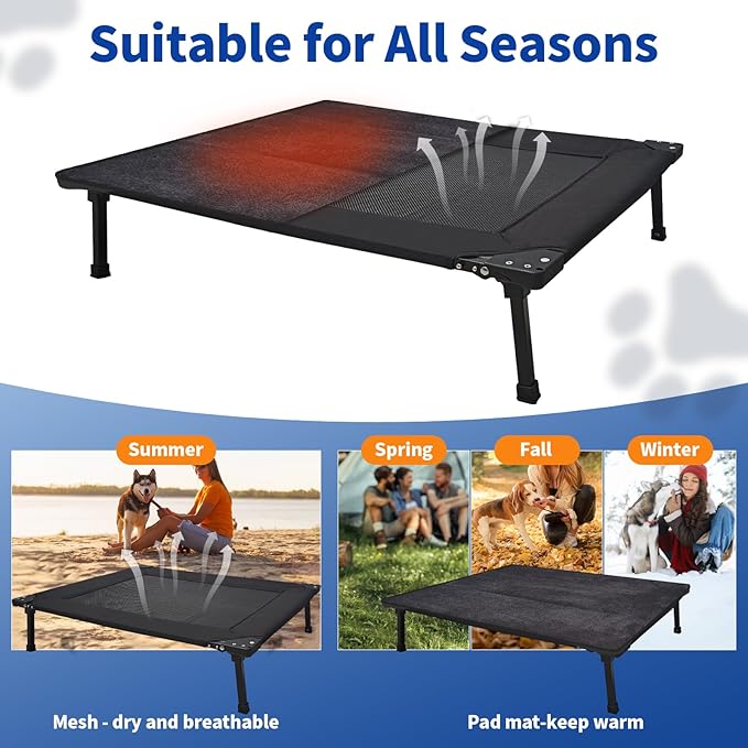 Pozico Elevated Outdoor Dog Bed - Foldable Cooling Dog Cot with Metal Frame, Portable Camping Pet Bed for Large & Medium Dogs, Breathable Mesh for Indoor & Outdoor Use, Black - XL