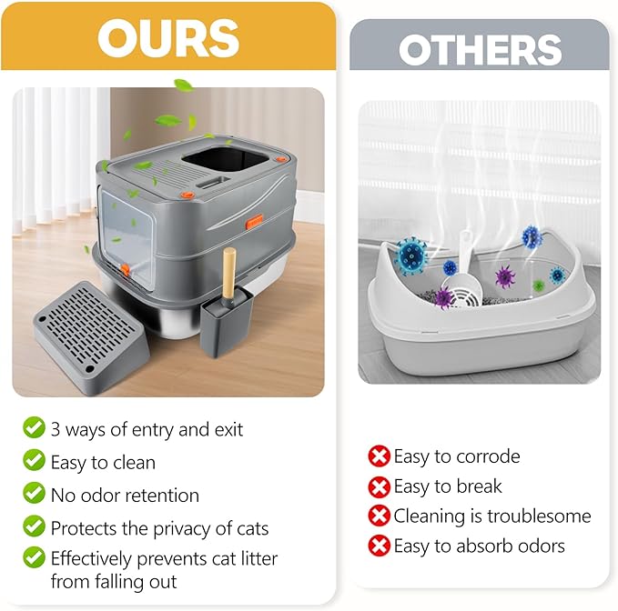 Stainless Steel Litter Box with 180° Flip-Top Lid, XXL 23.6”x 15.7”x 15.7” Enclosed Removable Metal Litter Cat Box with Filter Pedal, Scoop, Anti-Leakage, Non-Sticky, Easy Cleaning (Dark Gray)