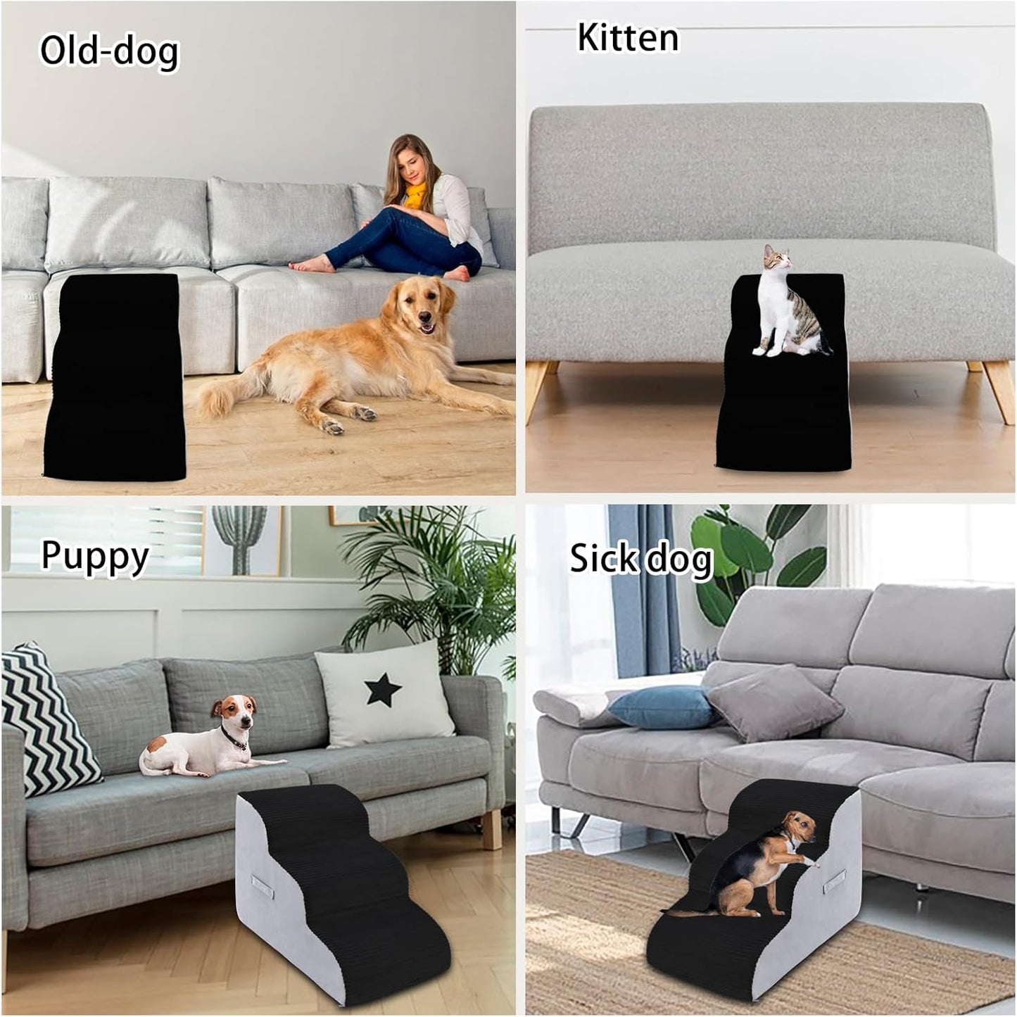 High Density Foam Dog Stairs Steps, Non-Slip Extra Wide Deep Pet Steps for Beds Or Couches, for Injured or Older Pets Dogs and Cats with Joint Pain (3-Tiers (Black))