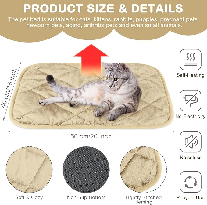 2 Pack Self Heating Cat Mat Self Warming Pet Pads Washable Kennel Mat Dog Crate Pad Reflects Body Heat Non Skid Cat Thermal Pads for Puppy Indoor Outdoor(Beige,16 x 20 Inches)