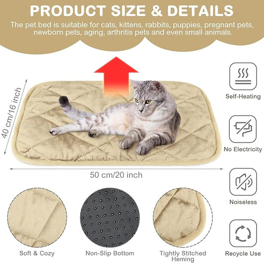 2 Pack Self Heating Cat Mat Self Warming Pet Pads Washable Kennel Mat Dog Crate Pad Reflects Body Heat Non Skid Cat Thermal Pads for Puppy Indoor Outdoor(Beige,16 x 20 Inches)