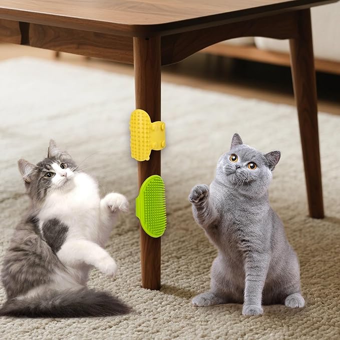 4PCS Cat Self Groomer Silicone, Cat Corner Chin Scratcher, Rubber Face Grooming Brush for Indoor Cats, Self Groomer Wall Brush for Sofa Table Legs Scratching Post Use Pet Supplies, Green Yellow