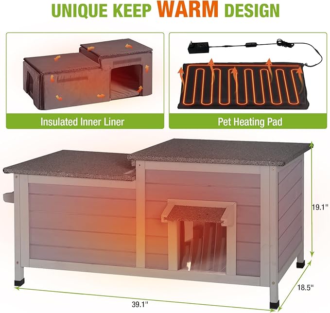 GUTINNEEN Heated Cat House with Insulated Liner Outdoor Cat House Weatherproof Cat Shelter with Heater Feral Cat House for Winter