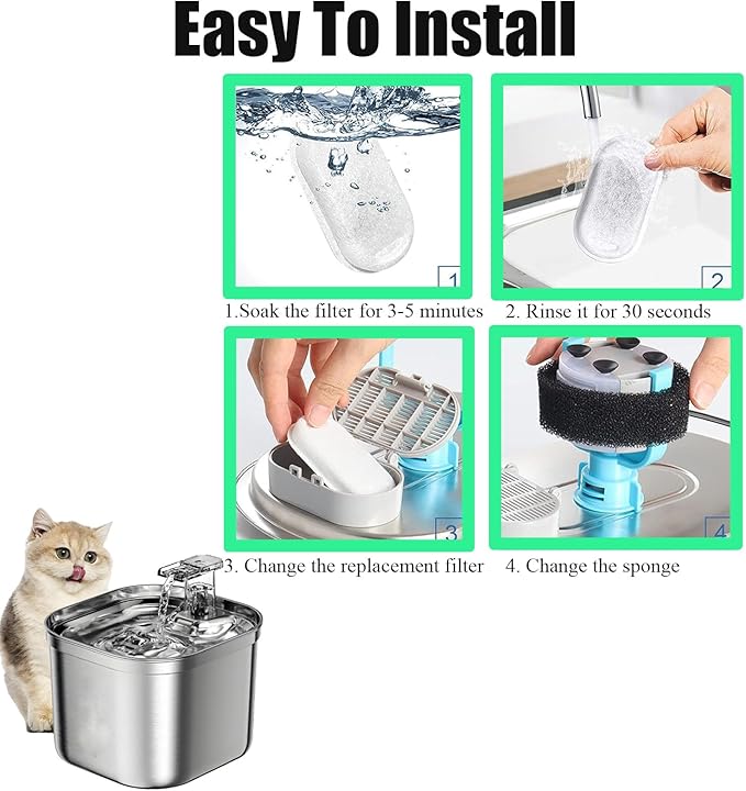 TuTuYa 20PCS Cat Water Fountain Filter, 10 Pack Cat Fountain Filter Replacement with 10 Sponges, for 108oz/3.2L & 67oz/2L Stainless Steel Pet Water Dispenser