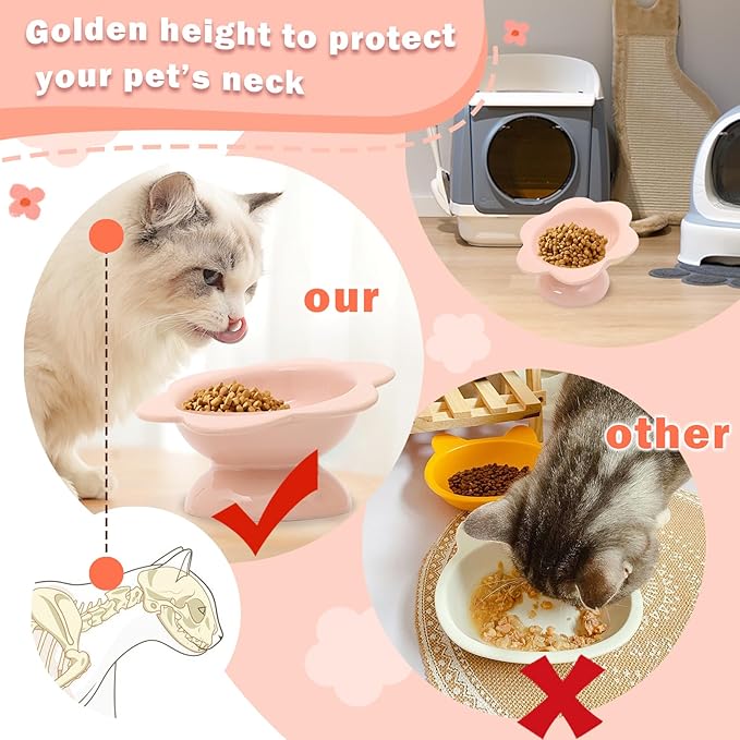 2 Pcs Ceramic Raised Cat Bowls Flower Raised Cat Food Bowls 7 oz Tilted Elevated Cat Food Bowl Cat Dishes for Anti Vomiting Protecting Spine Pet Feeder Bowl Water Bowl for Cat Kitten (Pink)