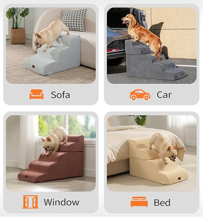 Made4Pets Dog Stairs Ramp for Bed, 4-Step Dog Steps for High Bed Couch Sofa Climbing, 35D Foam Pet Steps for Small Dogs and Cats, Non-Slip Bottom Pet Stairs, Tan