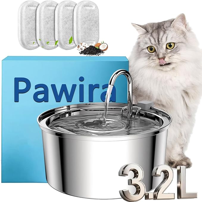 Pawira Water Fountain for Cats, 2025 Upgraded 3.2L/7L Stainless Steel Cats & Dogs Water Fountain with Filter Sets, Multi-Filtration, Whisper Quiet, Easy to Clean (3.2L/112oz, Type B + 4 Filter)