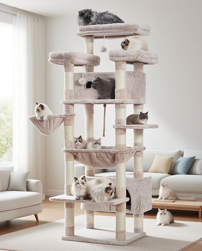 Cat Tree for Indoor Cats Large Adult, 74" Cat Tower with 3 Big Platforms, 2 Baskets, 2 Condos, Multi-Level Cat Scratching Posts, Muchroom GCT030MU