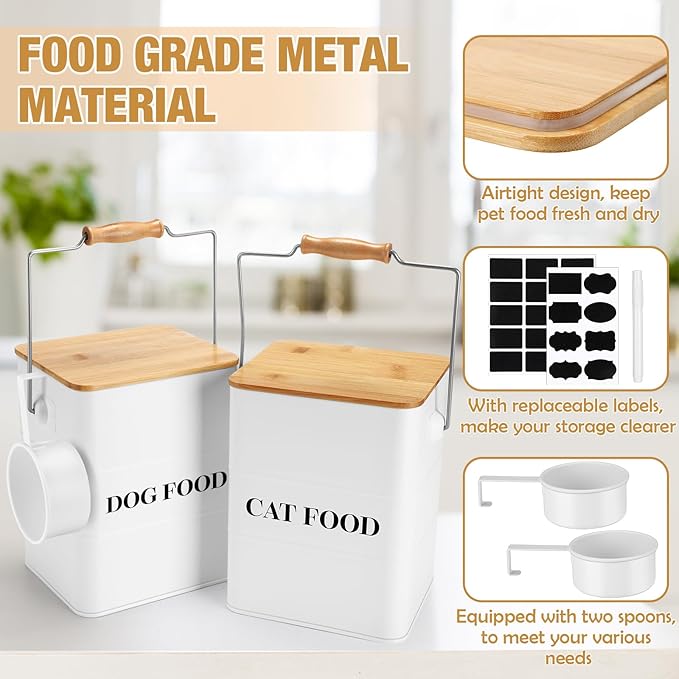 Tioncy 2 Pcs Metal Dog and Cat Food Storage Containers Big Pet Food Containers with Bamboo Lids and Spoon Airtight 5-7 Lbs Dog Cat Treat Snack Jars with DIY Labels for Kitchen Counter(White)
