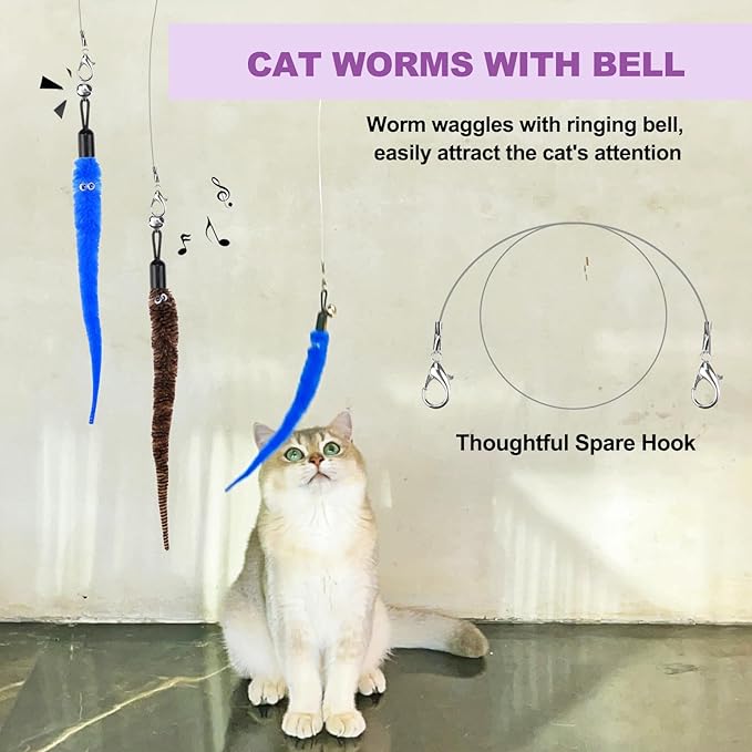 11PCS Cat Wand Toy, Cat Interactive Toys for Indoor Cats, 2 Retractable Cat Wand, 7 Worm Cat Teaser Toys and 1 Plush Fish Cat Toy, Cat Feather Toys for Play Chase Exercise with Kitten, Extra 1 Line