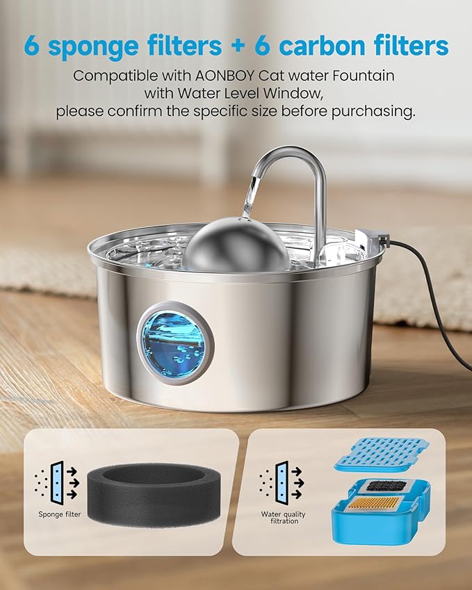 AONBOY Cat Water Fountain Filters, 6 Filters + 6 Cat Fountain Sponge, Suitable for AONBOY Pet Fountain S3-SC, Multiple Filtration, Isolates Floating Hairs and gets rid of Odors