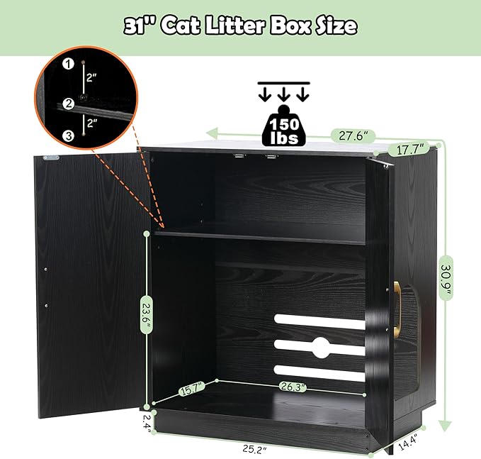 Litter Box Enclosure, 30.9'' High Large Litter Box Furniture, Modern Cat Litter Box Enclosure with Hidden Storage, Side Table, End Table, Black GCLB003BK