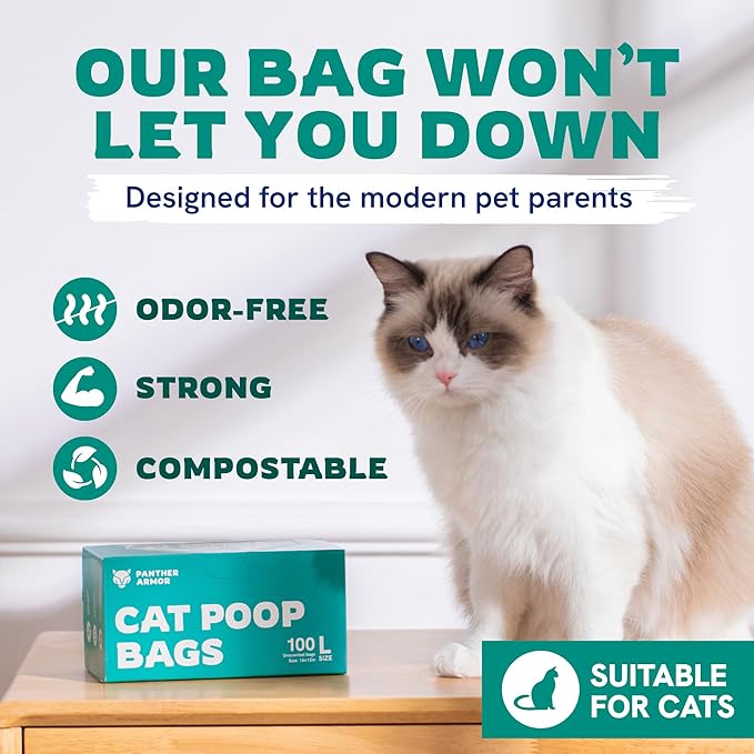 Panther Armor Litter Bags - 200x Unscented Compostable Cat Poop Bags 16x12in Super Large Cat- Kitty Leak Proof Box Trash, Odor Proof Cat Litter Disposal Bags