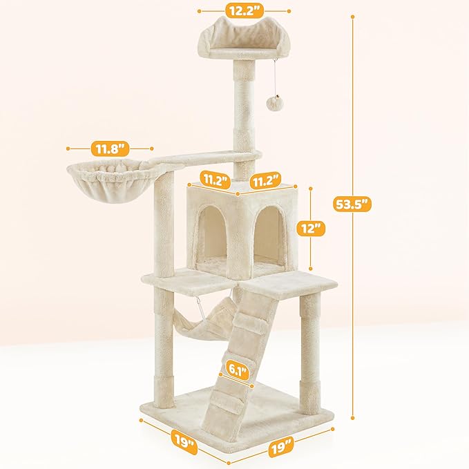 Yaheetech Cat Tree, 54in Tall Cat Tower for Indoor Cats with Extended Platform & Basket, Spacious Cat Condo, Funny Hammock, Scratching Posts and Ladder, Beige