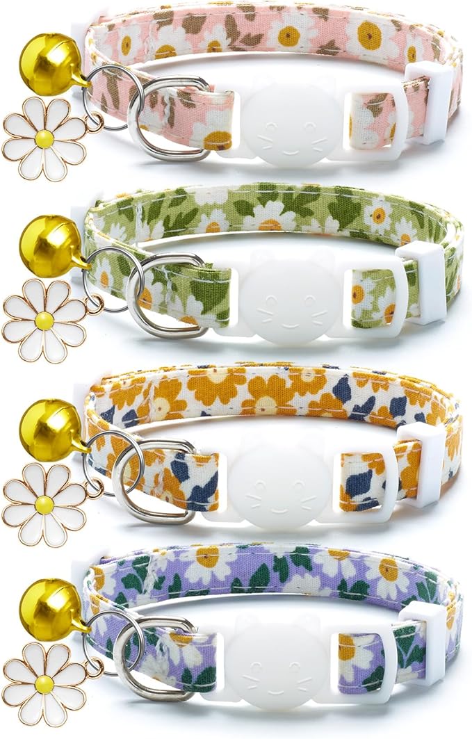4 Pack Cotton Breakaway Cat Collar with Bell & Flowers Pendant,Cute Pet Kitten Collar for Girl Boy Cats,Pet Supplies,Stuff,Accessories,Gifts