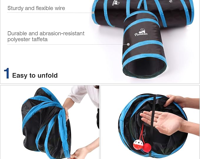 Pawaboo Cat Tunnel Tube - 3-Way Tunnels 25x53cm Extensible Collapsible Play Tent Interactive Toy Maze House Bed With Balls and Bells for Kitten Kitty Rabbit Small Animal, Blue