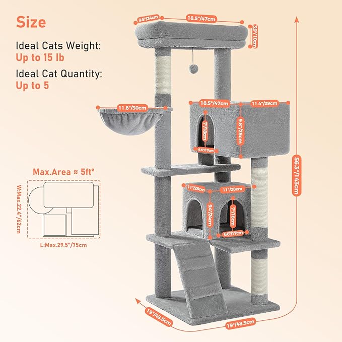 Cat Tree for Indoor Cats, 2 Cozy Condos with Spacious Top Perch, 56.3-Inch Multi-Level Cat Tower with Scratching Posts, 2 Caves, Plush Hammock and Climbing Ramp, Light Grey
