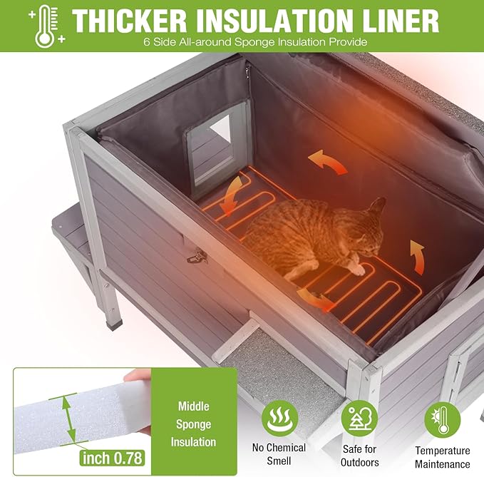 GUTINNEEN Heated Cat House for Outside Insulated Cat House Outdoor Weatherproof Feral Cat Shelter with Heated Pad, All-Round Thermal Liner, Secure Escape Doors for Cats (Winter-Ready)