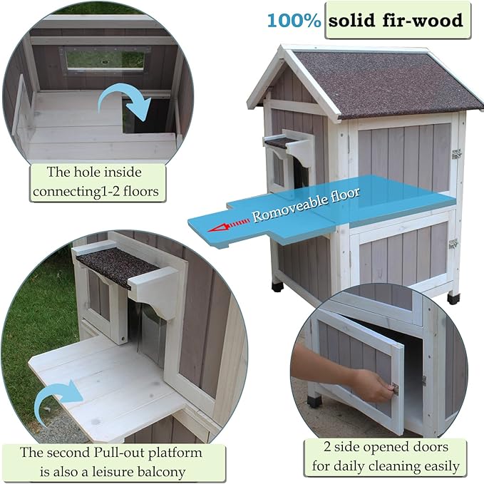 Rockever Outdoor Cat House, Large Outdoor Houses for Feral Cats Wooden Outside Cat Shelter Weatherproof with Escape Door