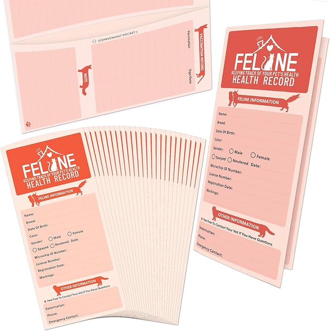 ANZON MORIES 24 Packs Cat Health Record Cards Vaccination Book with Storage Pocket, Large 8 x 10.5 in Feline Vaccine Shot and Kitten Immunization Memo Booklet for Kitty Pet Nursing Supplies