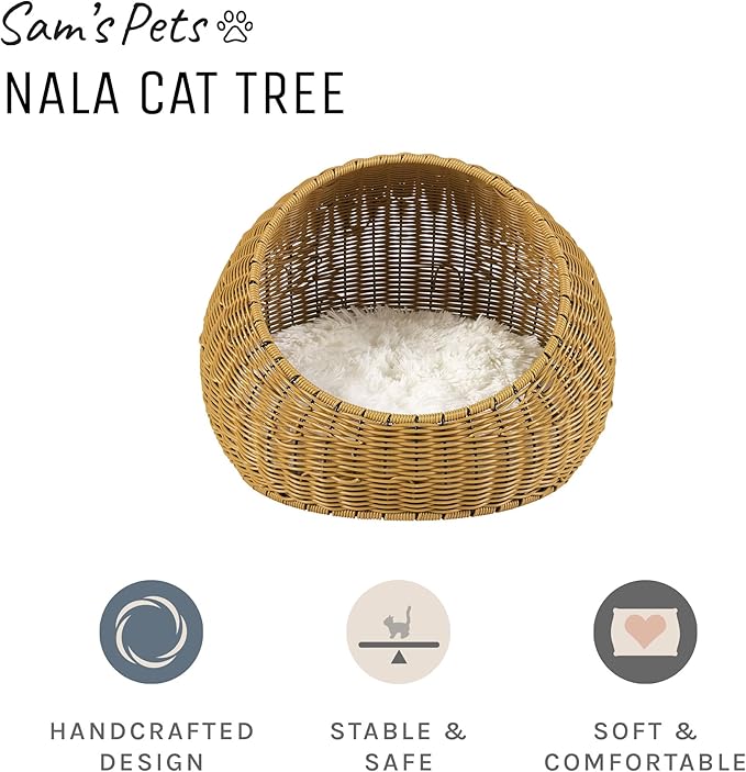 Sam's Pets NALA 19" Round Wicker Cat Bed - Stylish, Comfortable, and Private Pet Nest with Plush Cushion