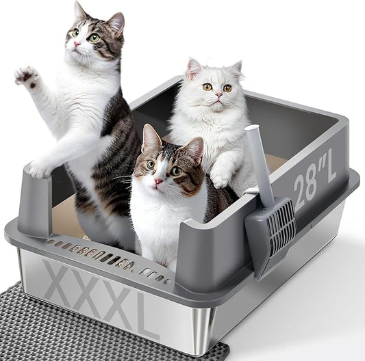 XXXL Stainless Steel Cat Litter Box with Lid, 28"x20"x12", Extra Large High Sided Metal Litter Box, with Scoop, Litter Mat, Non-Sticky, Anti-Urine Leakage, Easy to Clean for Big Cats and Multiple Cats