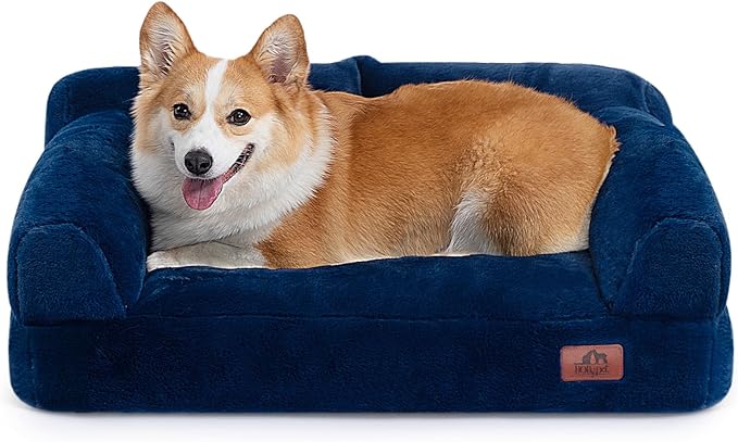 Hollypet Fluffy Plush Dog Cat Pet Couch Soft Calming Sofa Bed for Medium Small Cats and Dogs, Gray,28"x21"x10"