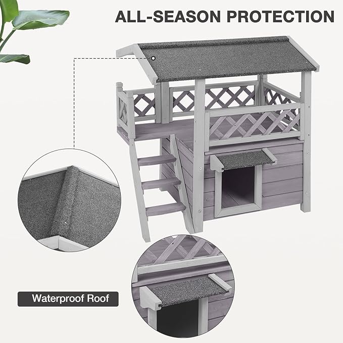 Cat House Outdoor Indoor Feral Cat Shelter Wooden Kitty House with Stairs, Balcony＆Weatherproof Roof