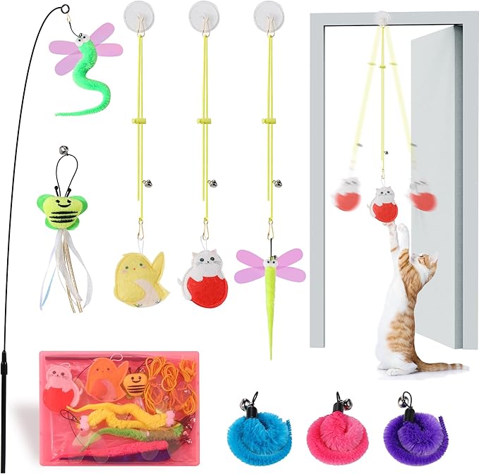 Interactive Cat Feather Toys 8Pcs,Interactive Wand,Cat Teaser Retractable,Indoor cat Hanging Interactive Toy Suitable for Bored Adult Cats and Kittens Play Chase Exercise
