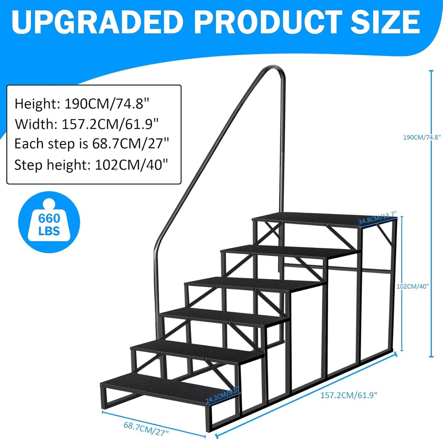 RV Stairs 6 Step Ladder, RV Steps Anti-Slip, Hot Tub Steps with Handrail, 660 lbs RV Ladder for 5th Wheel RV, Mobile Home Stairs