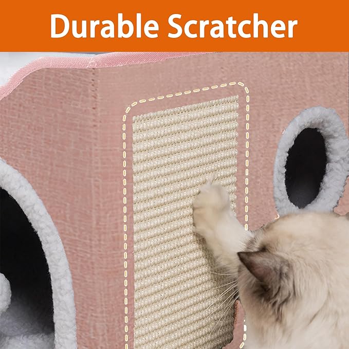 Cat Houses for Indoor Cats - Large Cat Bed Cave with Scratch Pad and Fluffy Ball, Foldable Cat Condo Hideaway with Reversible Cushion for Multi Small Pet, Pink
